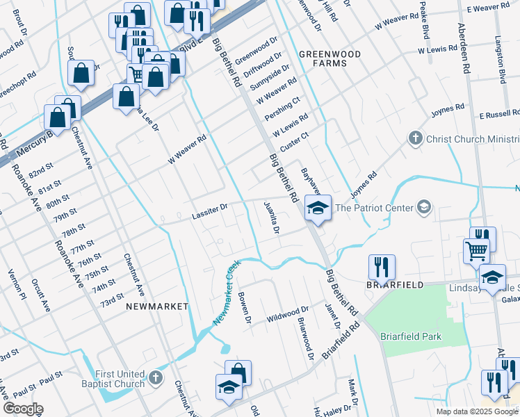 map of restaurants, bars, coffee shops, grocery stores, and more near 5 Freda Court in Hampton