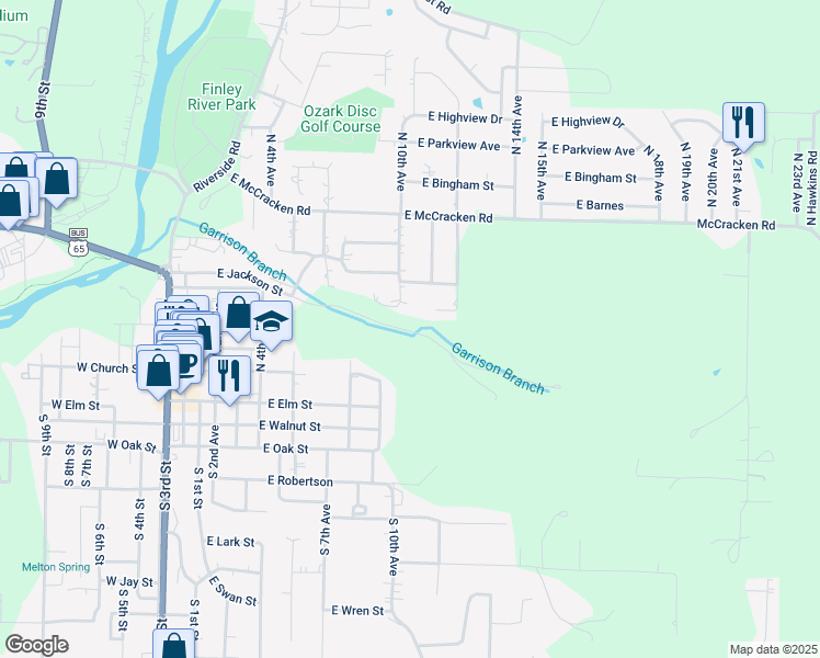 map of restaurants, bars, coffee shops, grocery stores, and more near 502 North 12th Avenue in Ozark