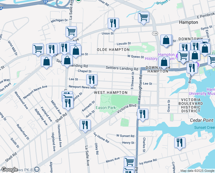 map of restaurants, bars, coffee shops, grocery stores, and more near 508 Newport News Avenue in Hampton