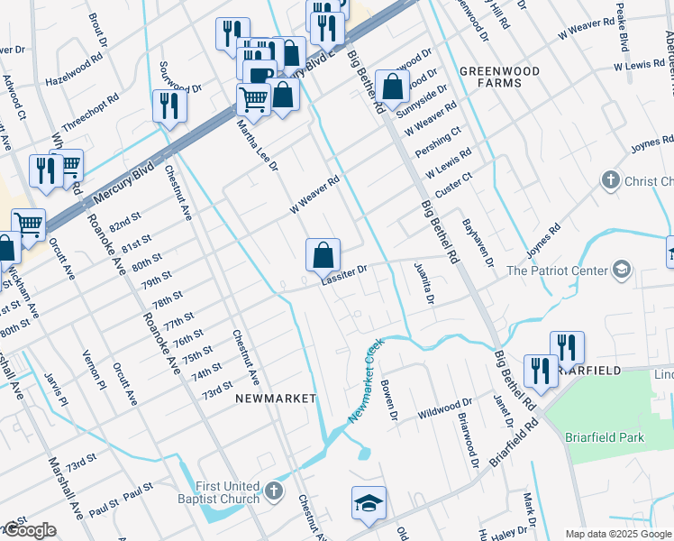 map of restaurants, bars, coffee shops, grocery stores, and more near 148 Lassiter Drive in Hampton