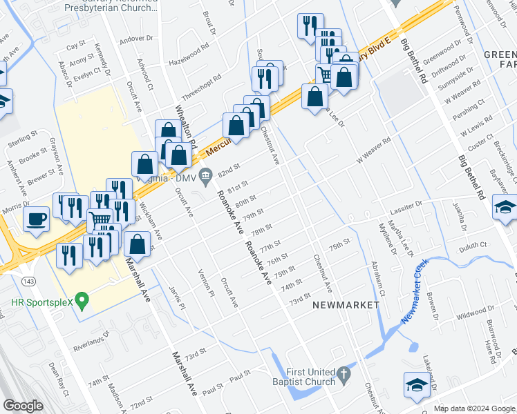 map of restaurants, bars, coffee shops, grocery stores, and more near 1113 79th Street in Newport News