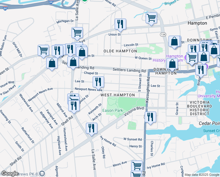 map of restaurants, bars, coffee shops, grocery stores, and more near 508 Lee Street in Hampton