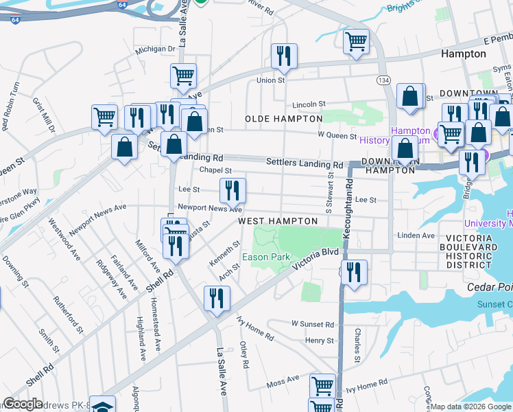 map of restaurants, bars, coffee shops, grocery stores, and more near 508 Lee Street in Hampton