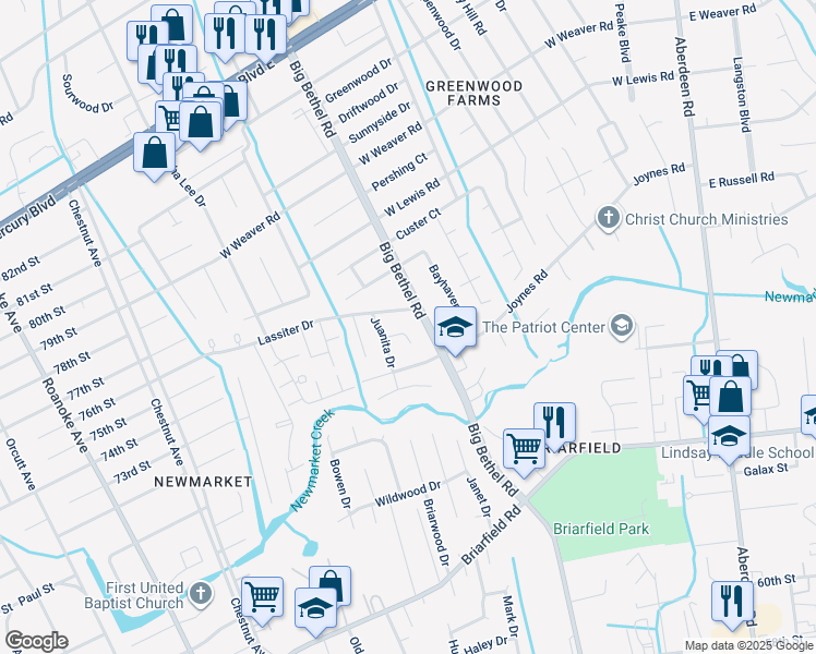 map of restaurants, bars, coffee shops, grocery stores, and more near 7 Harland Court in Hampton