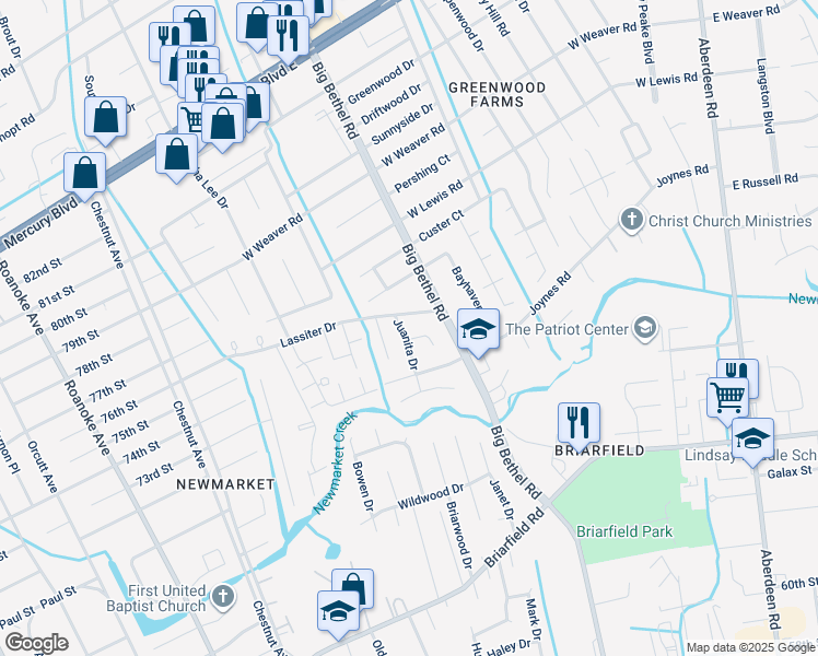 map of restaurants, bars, coffee shops, grocery stores, and more near 3 Juanita Drive in Hampton