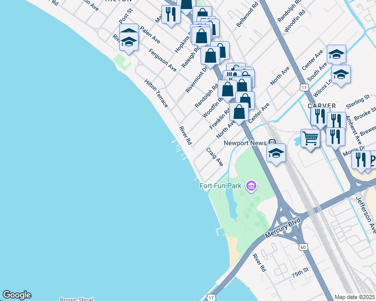 map of restaurants, bars, coffee shops, grocery stores, and more near 9611 River Road in Newport News