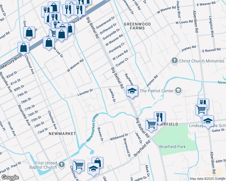 map of restaurants, bars, coffee shops, grocery stores, and more near 3 Juanita Drive in Hampton