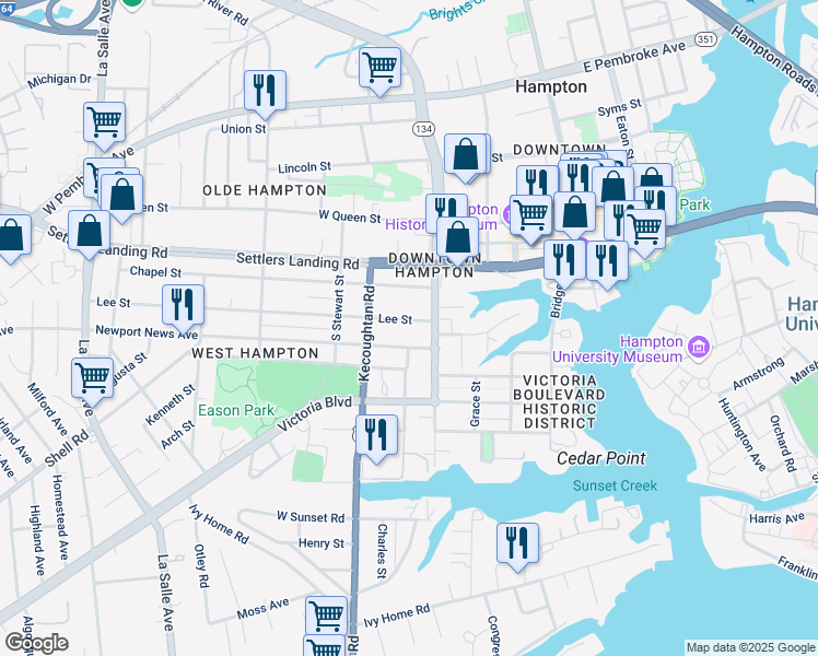 map of restaurants, bars, coffee shops, grocery stores, and more near 252 Lee Street in Hampton