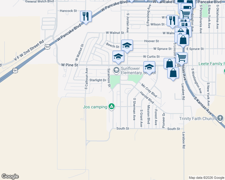 map of restaurants, bars, coffee shops, grocery stores, and more near 1101 Sycamore Street in Liberal