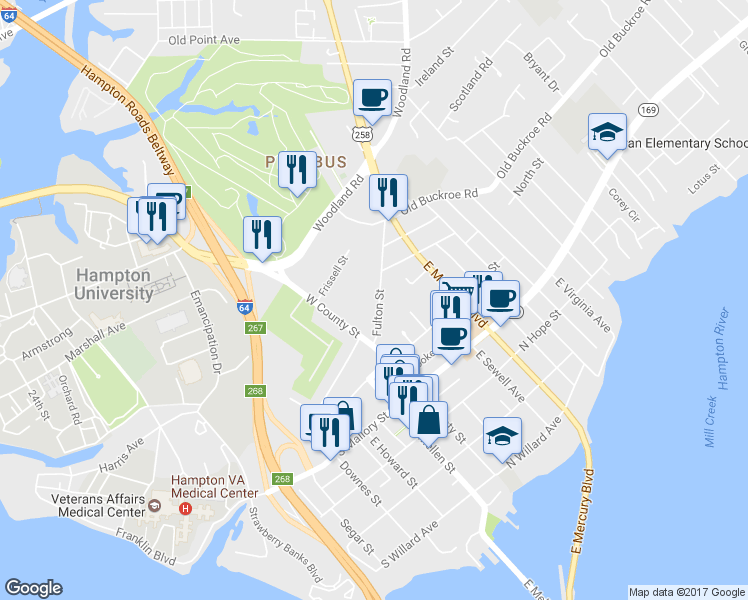 map of restaurants, bars, coffee shops, grocery stores, and more near 37 Fulton Street in Hampton