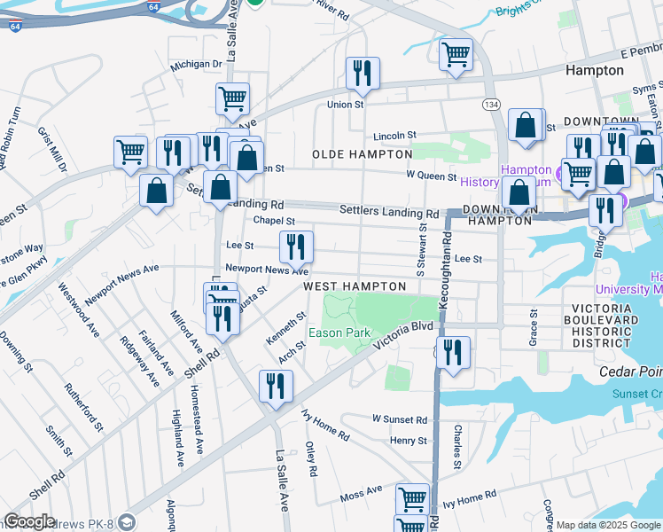 map of restaurants, bars, coffee shops, grocery stores, and more near 508 Lee Street in Hampton