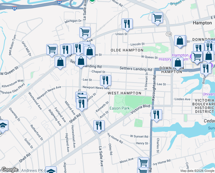 map of restaurants, bars, coffee shops, grocery stores, and more near 600 Lee Street in Hampton