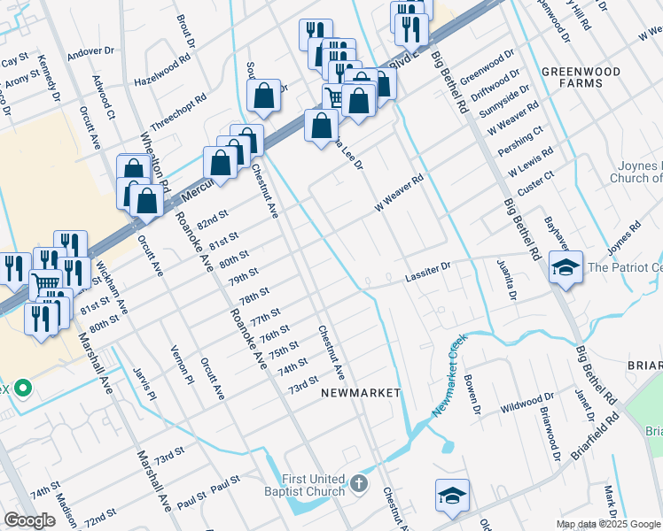 map of restaurants, bars, coffee shops, grocery stores, and more near 1208 78th Street in Newport News