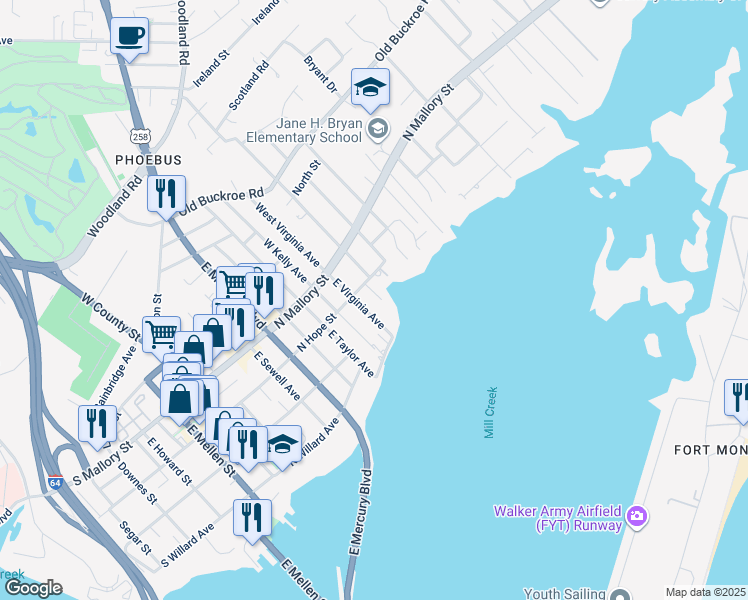 map of restaurants, bars, coffee shops, grocery stores, and more near 111 Yukon Street in Hampton