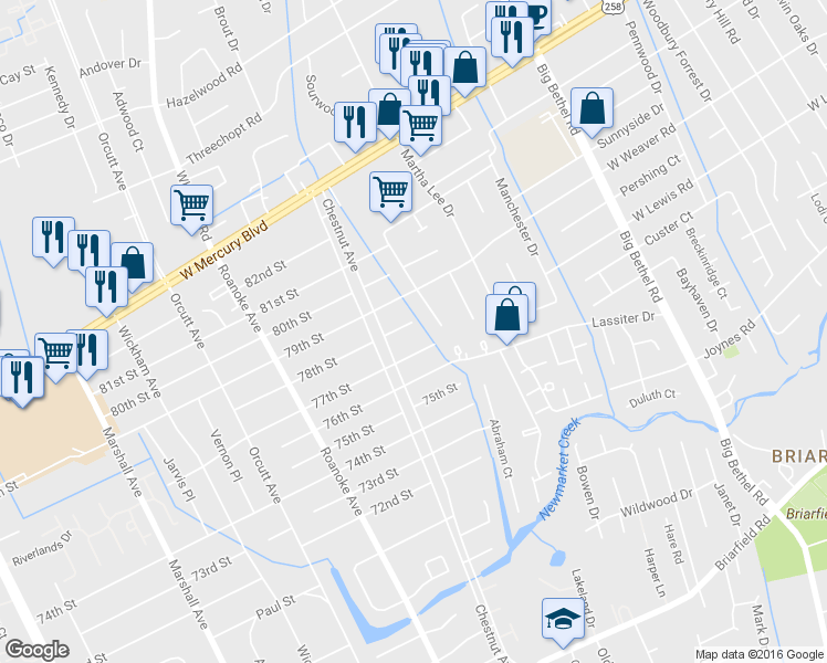 map of restaurants, bars, coffee shops, grocery stores, and more near 1208 78th Street in Newport News