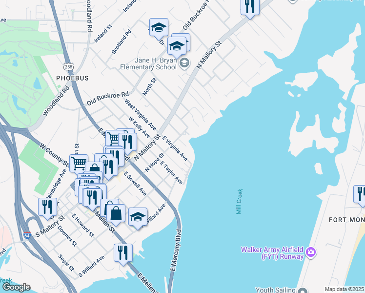 map of restaurants, bars, coffee shops, grocery stores, and more near 111 Yukon Street in Hampton