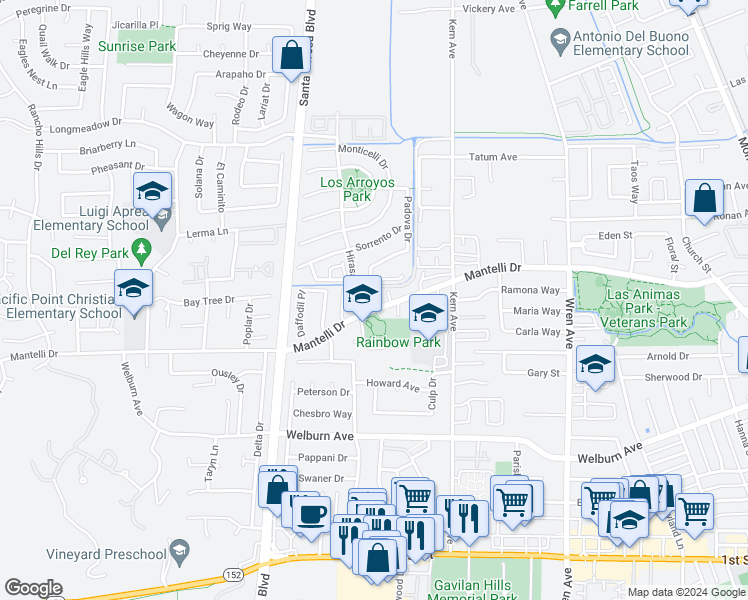 map of restaurants, bars, coffee shops, grocery stores, and more near 901 Marigold Lane in Gilroy
