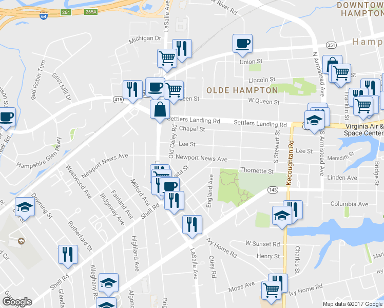 map of restaurants, bars, coffee shops, grocery stores, and more near 618 Newport News Avenue in Hampton