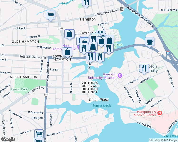 map of restaurants, bars, coffee shops, grocery stores, and more near 407 Bridge Street in Hampton
