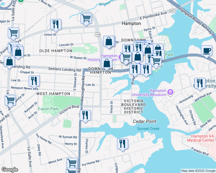 map of restaurants, bars, coffee shops, grocery stores, and more near 114 Whiting Street in Hampton