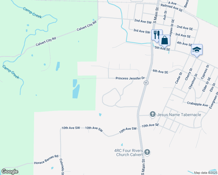 map of restaurants, bars, coffee shops, grocery stores, and more near 200-290 Princess Jennifer Dr in Calvert City