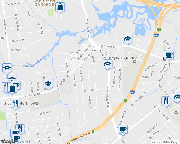 map of restaurants, bars, coffee shops, grocery stores, and more near 1668 Princess Street in Hampton