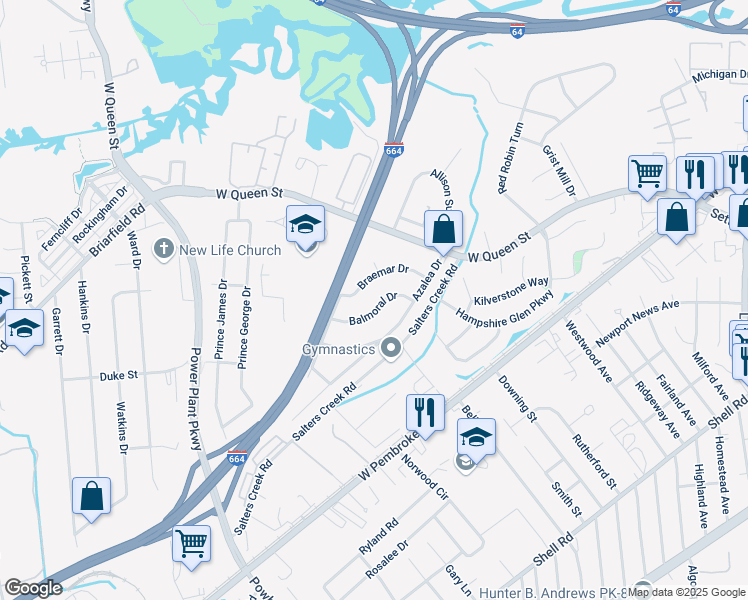 map of restaurants, bars, coffee shops, grocery stores, and more near 12 Balmoral Drive in Hampton