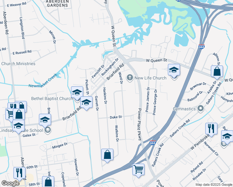 map of restaurants, bars, coffee shops, grocery stores, and more near 1668 Princess Street in Hampton