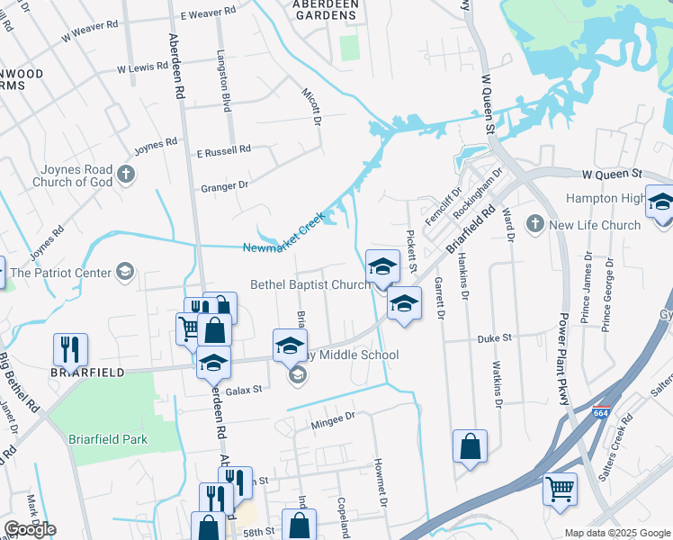 map of restaurants, bars, coffee shops, grocery stores, and more near 1638 Wingfield Drive in Hampton