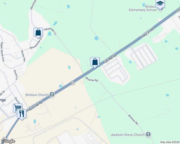 map of restaurants, bars, coffee shops, grocery stores, and more near 5251-5329 Louisville Road in Bowling Green