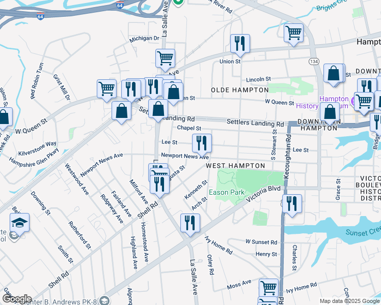 map of restaurants, bars, coffee shops, grocery stores, and more near 618 Newport News Avenue in Hampton