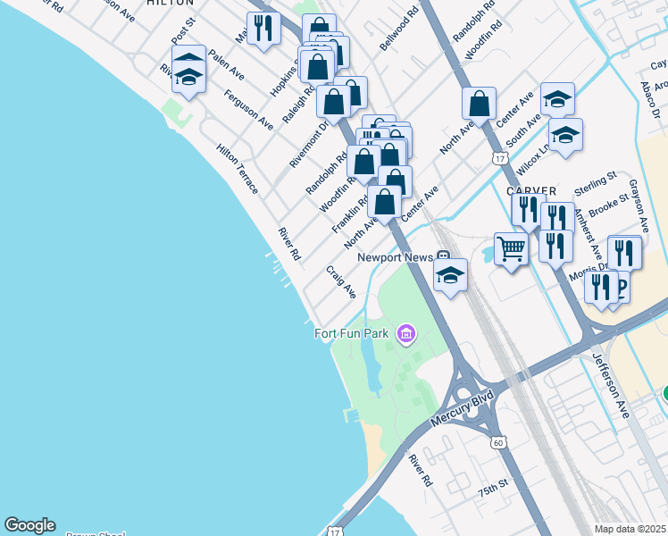 map of restaurants, bars, coffee shops, grocery stores, and more near 202 North Avenue in Newport News