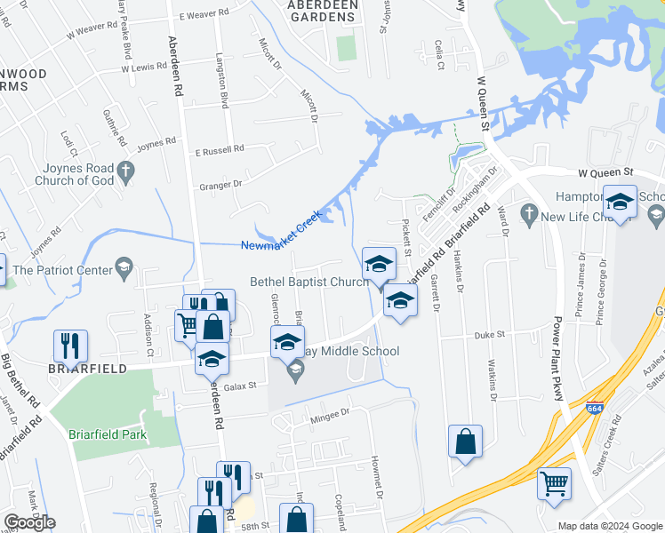 map of restaurants, bars, coffee shops, grocery stores, and more near 1638 Wingfield Drive in Hampton