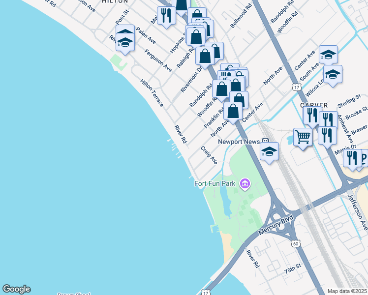 map of restaurants, bars, coffee shops, grocery stores, and more near 9611 River Road in Newport News