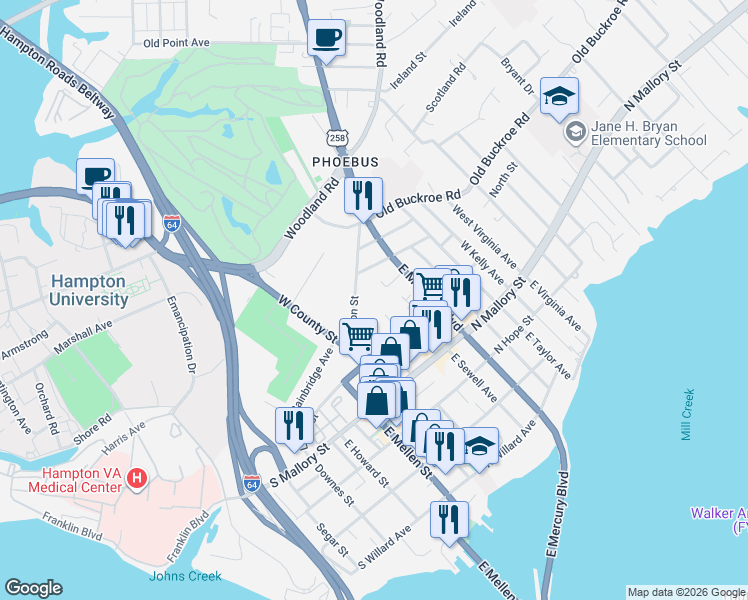 map of restaurants, bars, coffee shops, grocery stores, and more near 536 East Mercury Boulevard in Hampton
