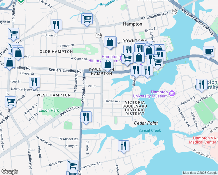 map of restaurants, bars, coffee shops, grocery stores, and more near 114 Whiting Street in Hampton
