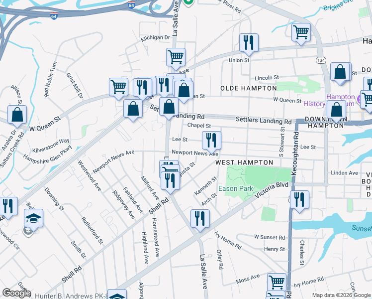 map of restaurants, bars, coffee shops, grocery stores, and more near 635 Lee Street in Hampton