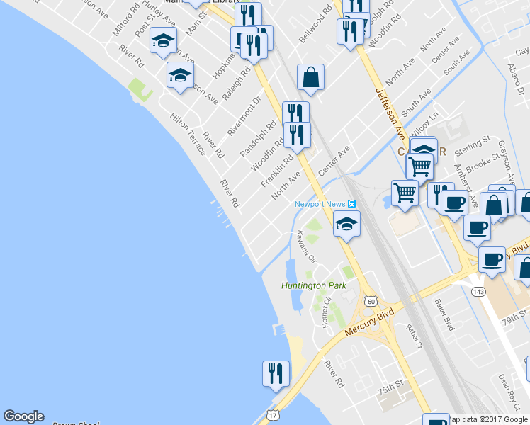 map of restaurants, bars, coffee shops, grocery stores, and more near 202 North Avenue in Newport News