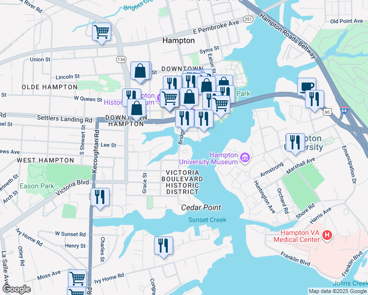 map of restaurants, bars, coffee shops, grocery stores, and more near 417 Bridge Street in Hampton