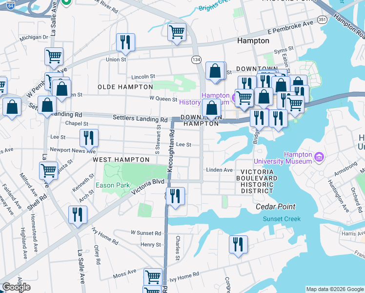 map of restaurants, bars, coffee shops, grocery stores, and more near 252 Lee Street in Hampton