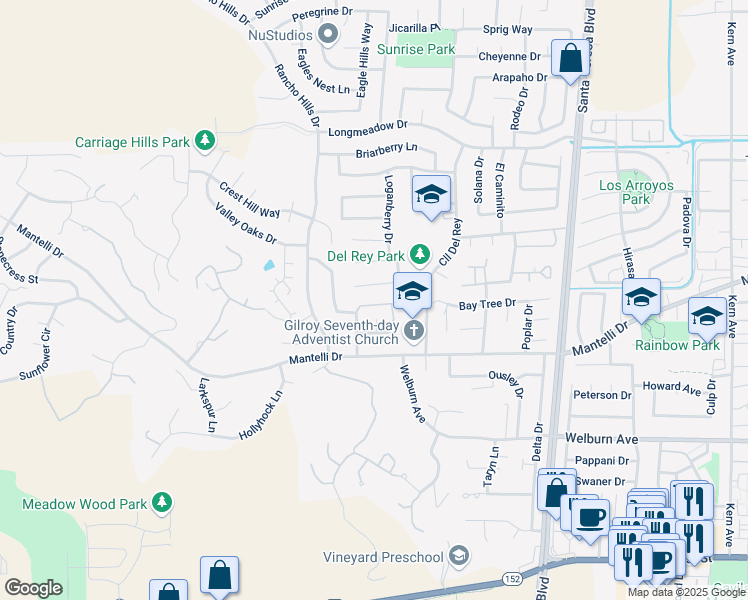 map of restaurants, bars, coffee shops, grocery stores, and more near 1655 Brentwood Lane in Gilroy