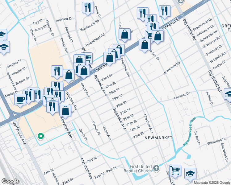 map of restaurants, bars, coffee shops, grocery stores, and more near 4823 81st Street in Newport News