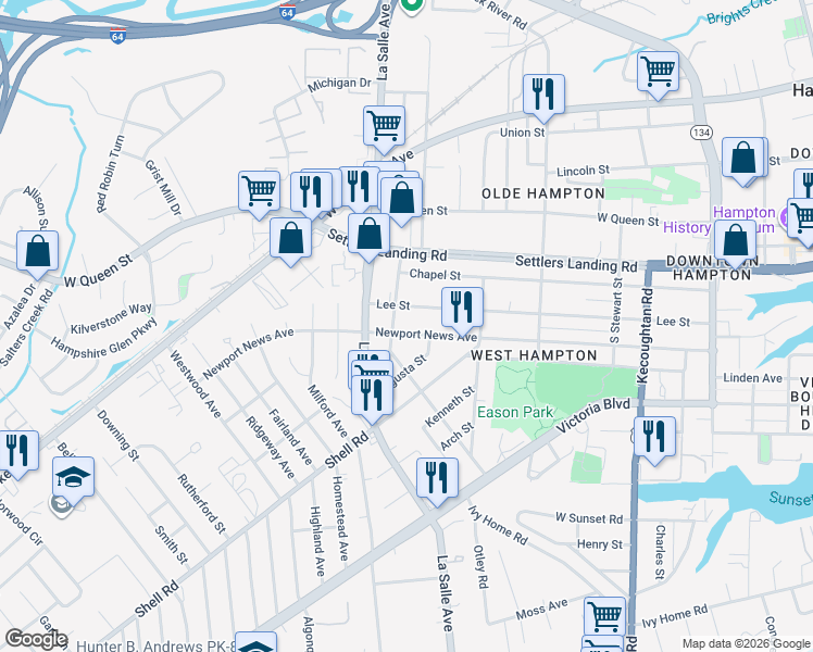 map of restaurants, bars, coffee shops, grocery stores, and more near 635 Lee Street in Hampton