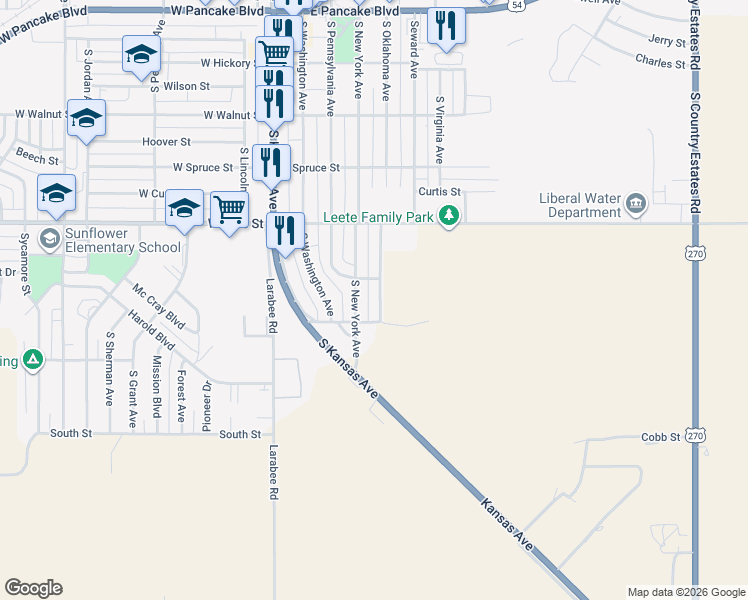 map of restaurants, bars, coffee shops, grocery stores, and more near 300-350 East Pennsylvania Avenue in Liberal