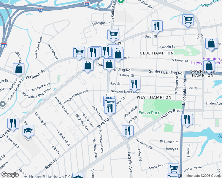 map of restaurants, bars, coffee shops, grocery stores, and more near 709 Lee Street in Hampton