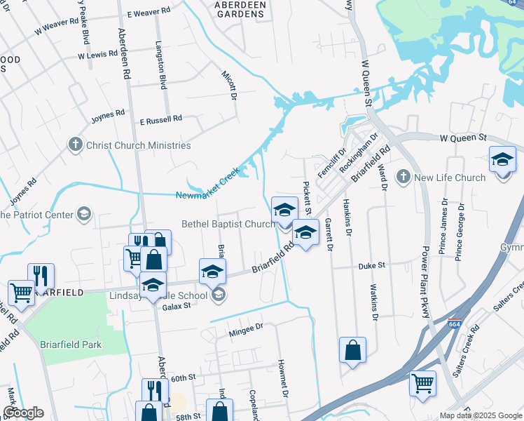 map of restaurants, bars, coffee shops, grocery stores, and more near 1642 Wingfield Drive in Hampton