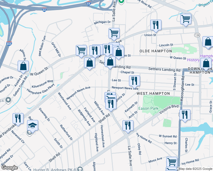 map of restaurants, bars, coffee shops, grocery stores, and more near 801 La Salle Avenue in Hampton