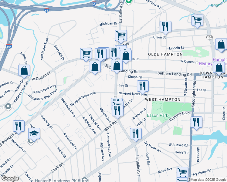 map of restaurants, bars, coffee shops, grocery stores, and more near 801 La Salle Avenue in Hampton