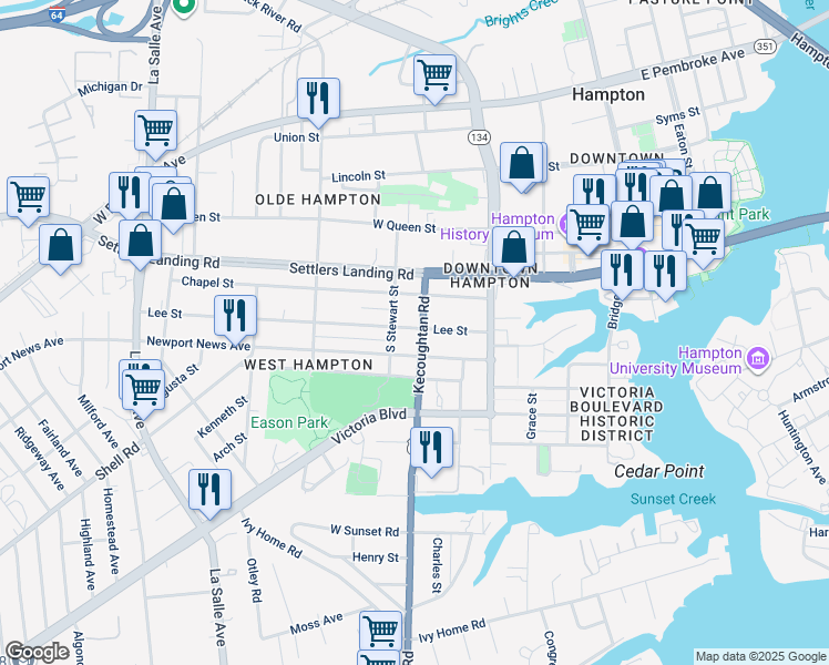 map of restaurants, bars, coffee shops, grocery stores, and more near 317 Lee Street in Hampton