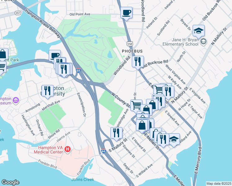 map of restaurants, bars, coffee shops, grocery stores, and more near 108 West County Street in Hampton